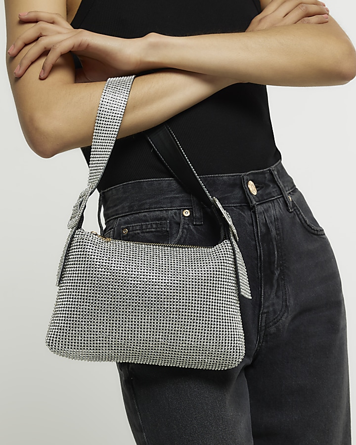 Silver embellished buckle shoulder bag River Island