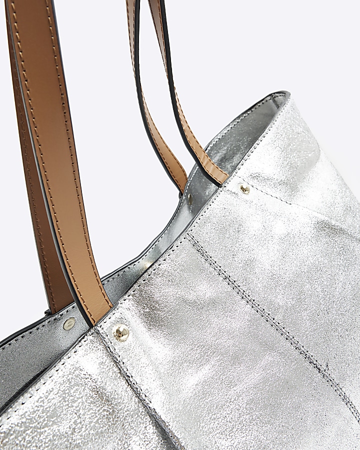 Silver leather metallic shopper bag River Island