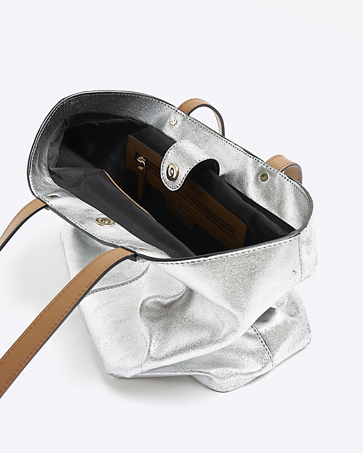 Silver leather metallic shopper bag River Island