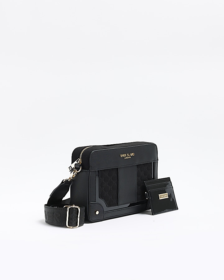 Black RI monogram boxy cross body bag River Island