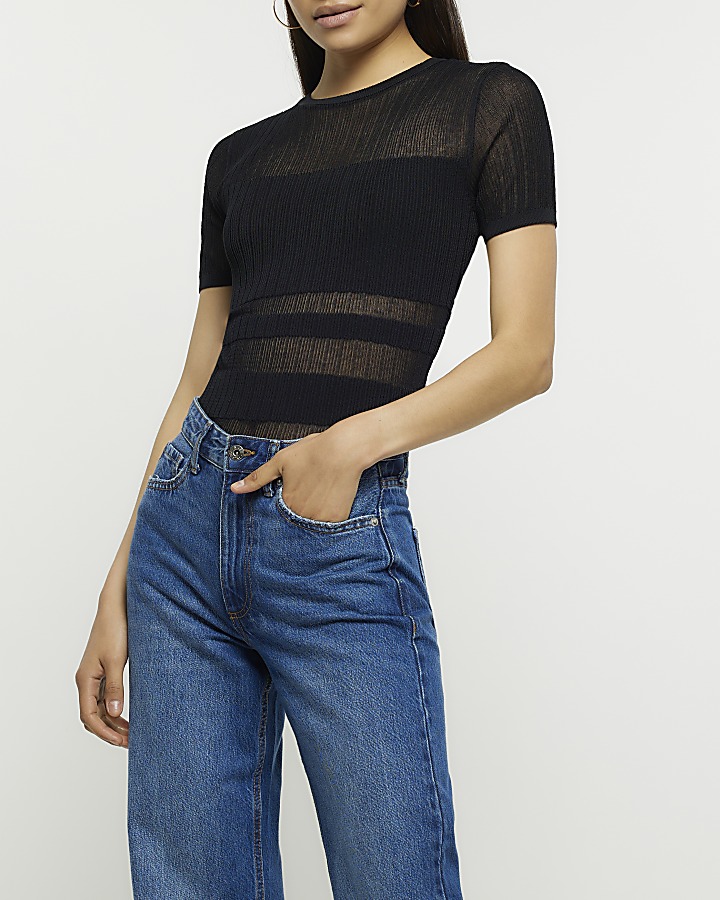 Black sheer stripe top River Island