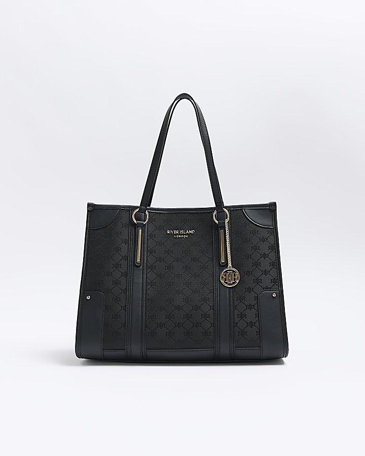 Black jacquard RI monogram shopper bag River Island