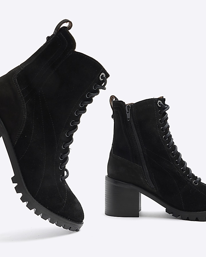 Black suede lace up heeled boots River Island