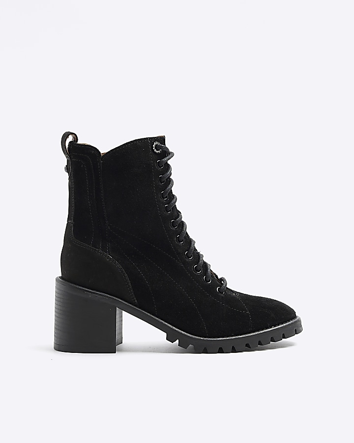 Black suede lace up heeled boots River Island