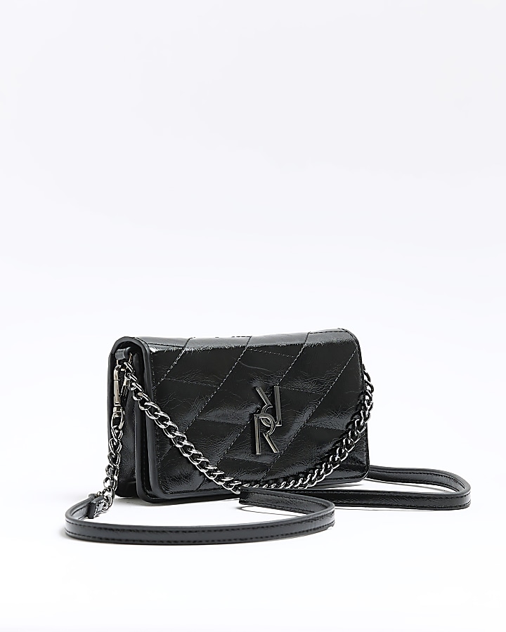 Black quilted chain cross body bag River Island