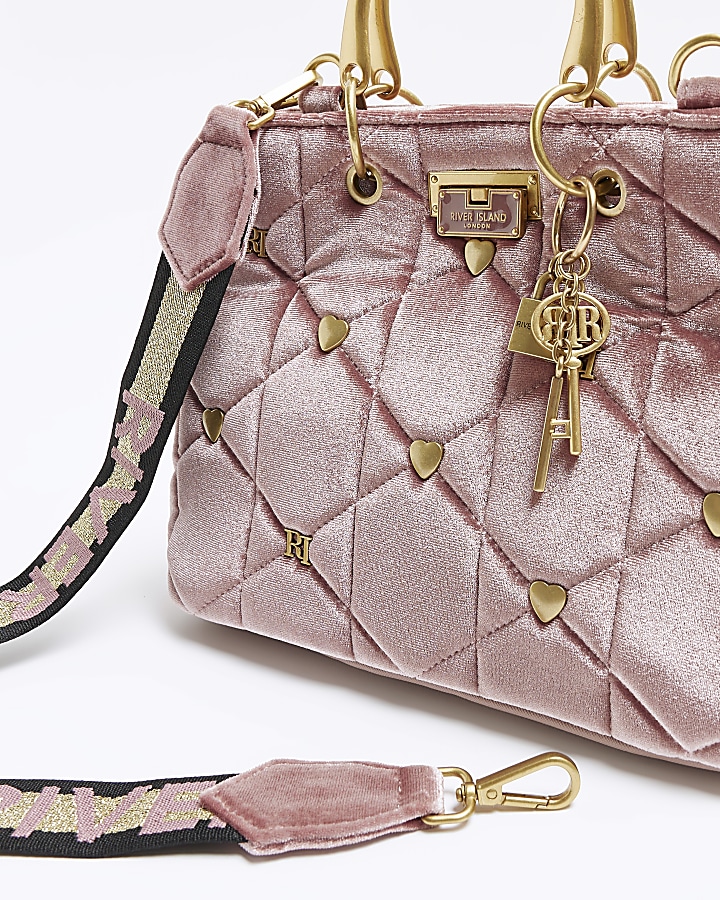 Pink velvet quilted tote bag River Island
