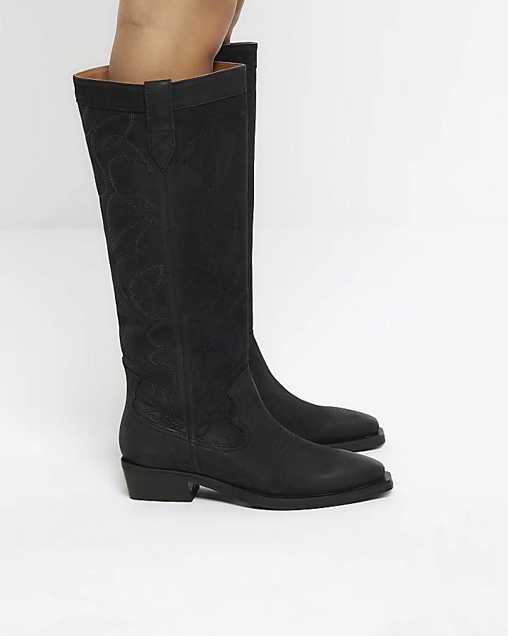 Black leather high leg western boots River Island