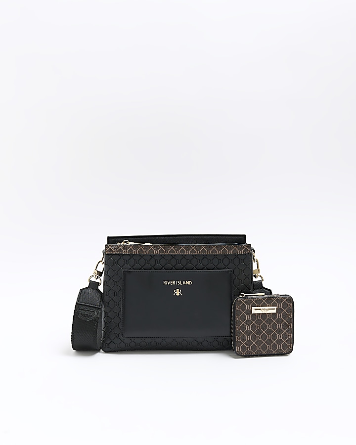 Black RI monogram pouch cross body bag River Island