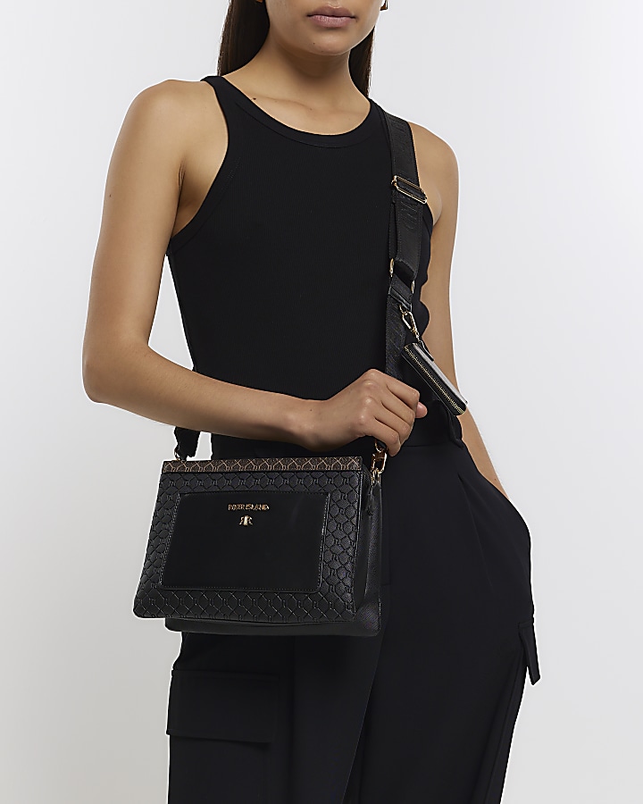Black RI monogram pouch cross body bag River Island