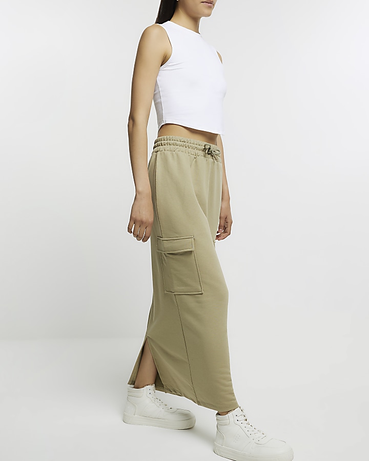 Khaki cargo maxi skirt River Island