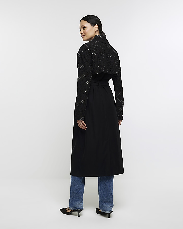 Black studded longline trench coat River Island