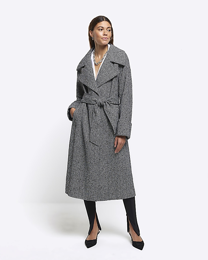 Black herringbone longline coat River Island