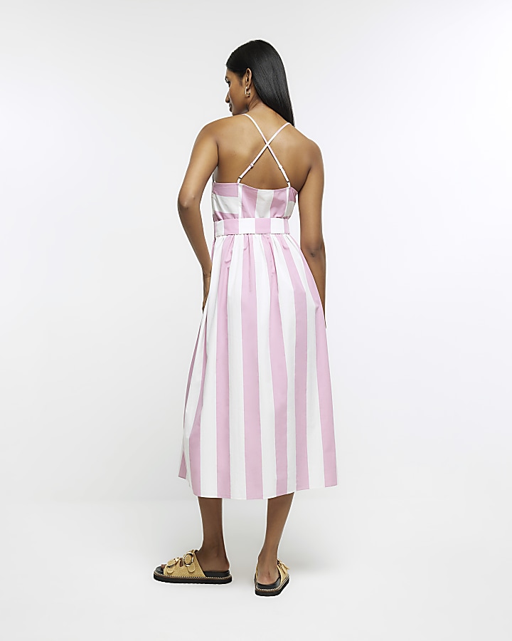 Pink stripe belted swing midi dress River Island
