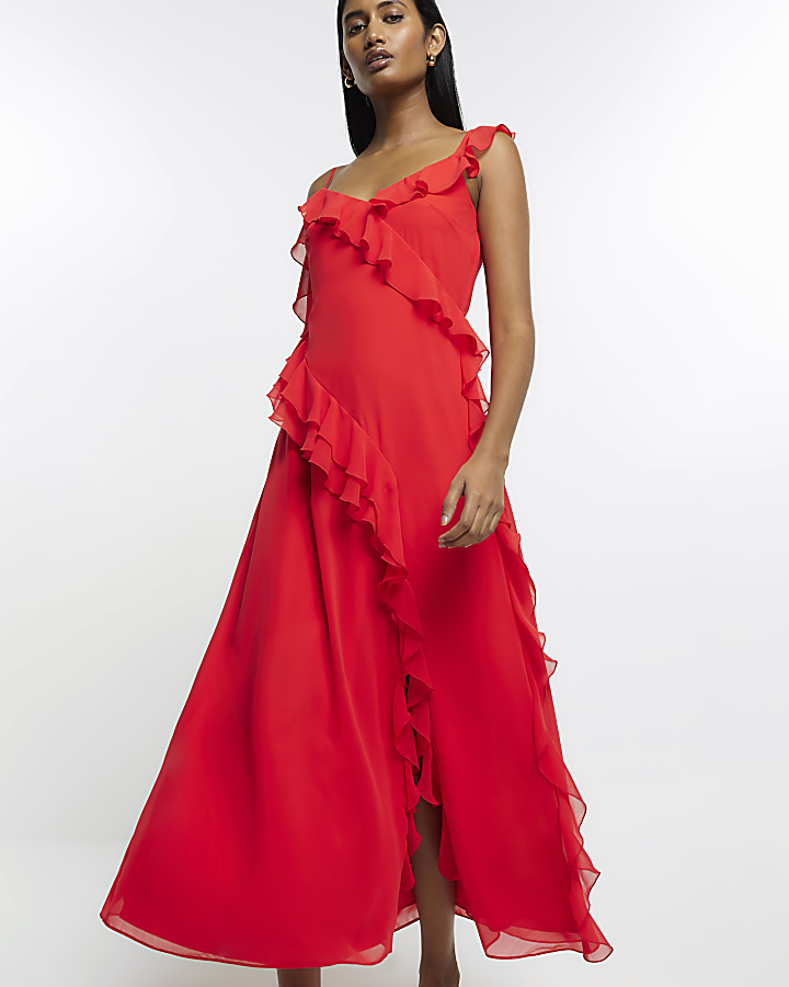Red chiffon frill slip maxi dress River Island
