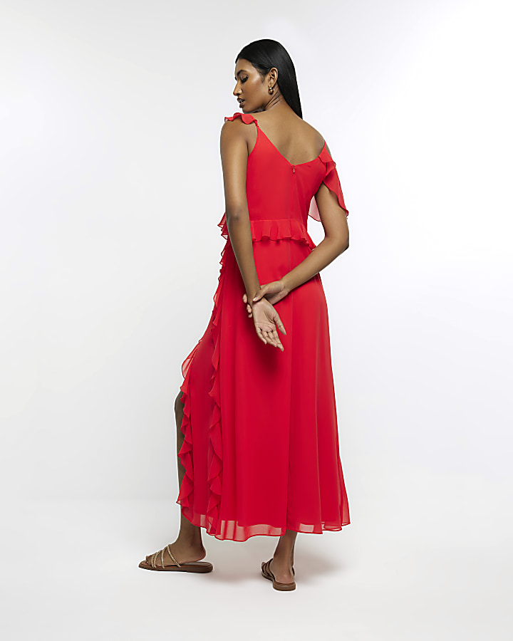 Red chiffon frill slip maxi dress River Island