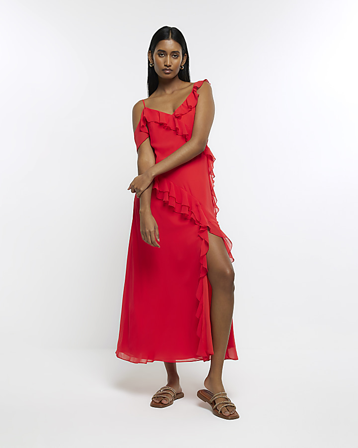 Red chiffon frill slip maxi dress River Island