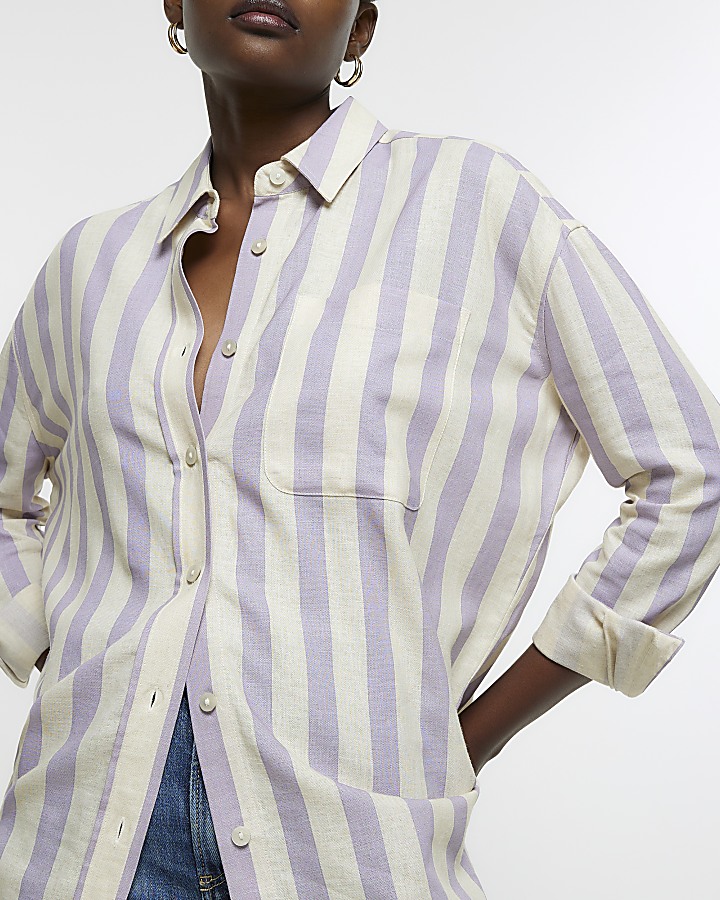 Purple stripe shirt with linen blend River Island