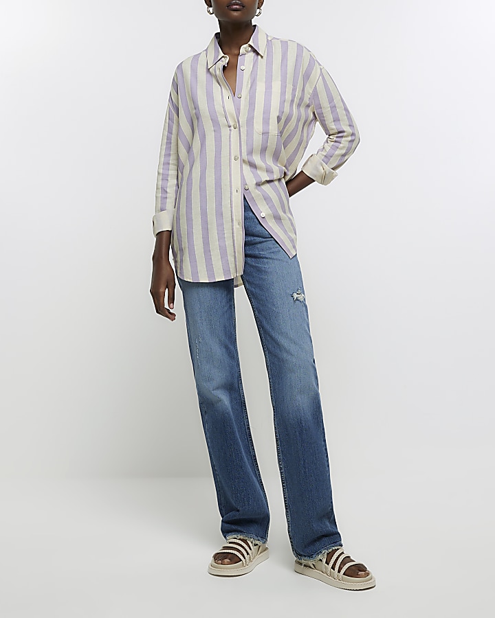 Purple stripe shirt with linen blend River Island