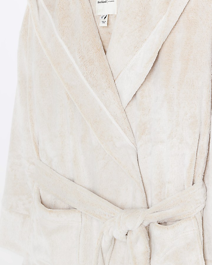 Beige fluffy hooded dressing gown River Island