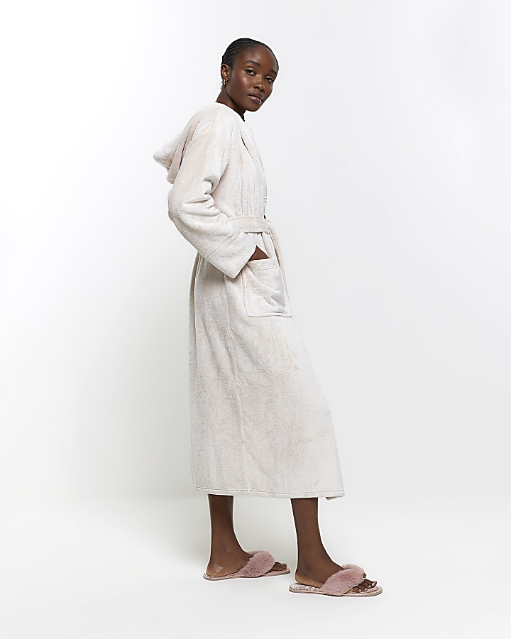 Beige fluffy hooded dressing gown River Island