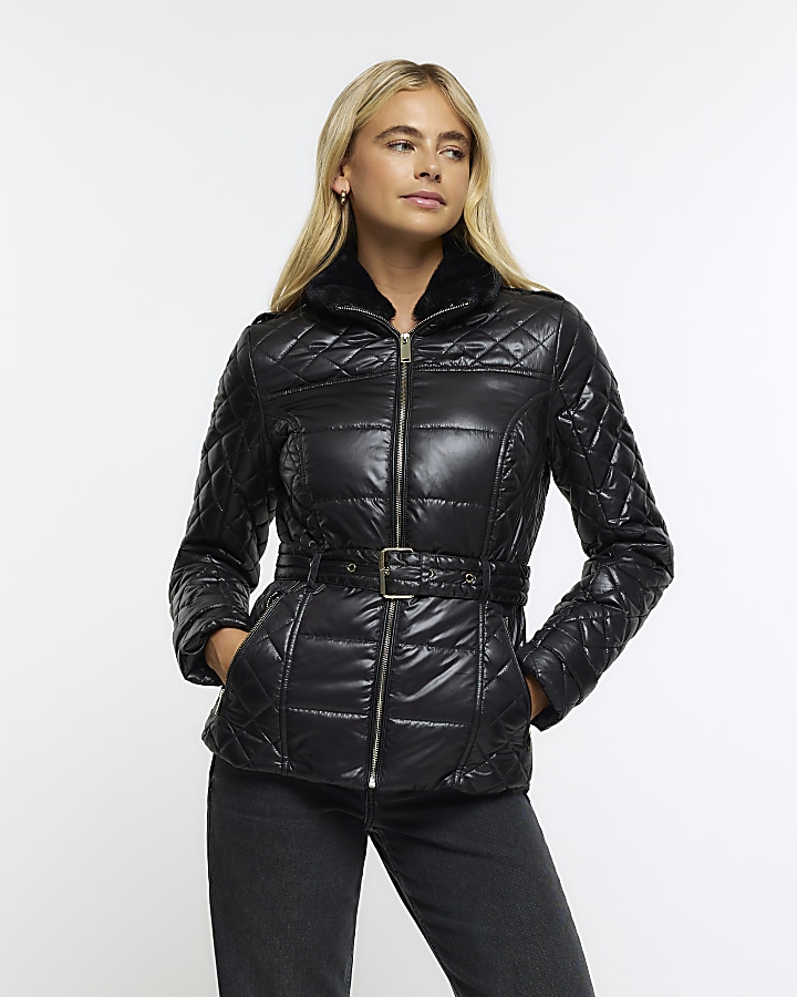 Black belted padded jacket River Island