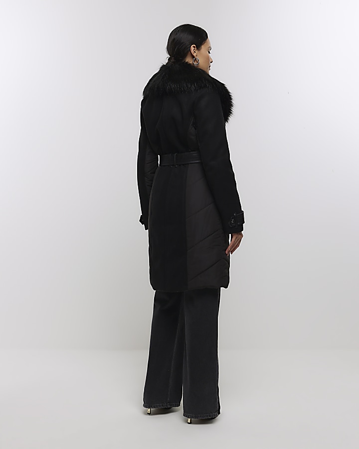 Black faux fur collar belted jacket River Island