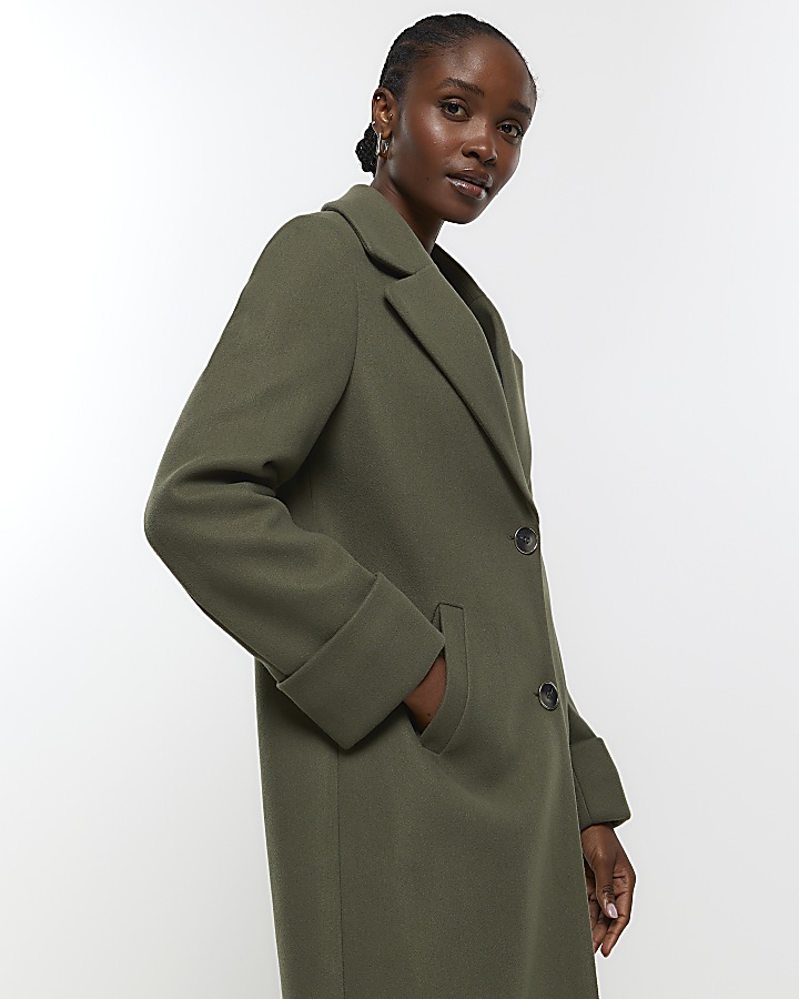 Khaki roll sleeve longline coat River Island