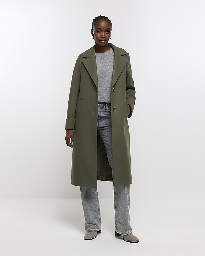 Khaki roll sleeve longline coat River Island