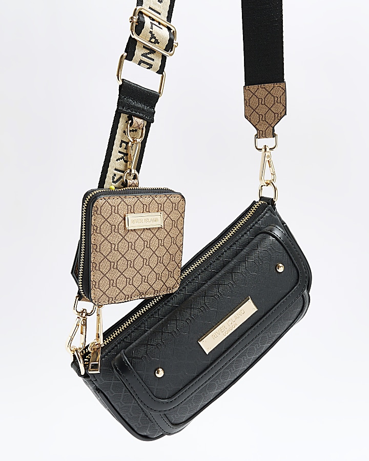Black monogram pouchette bag River Island