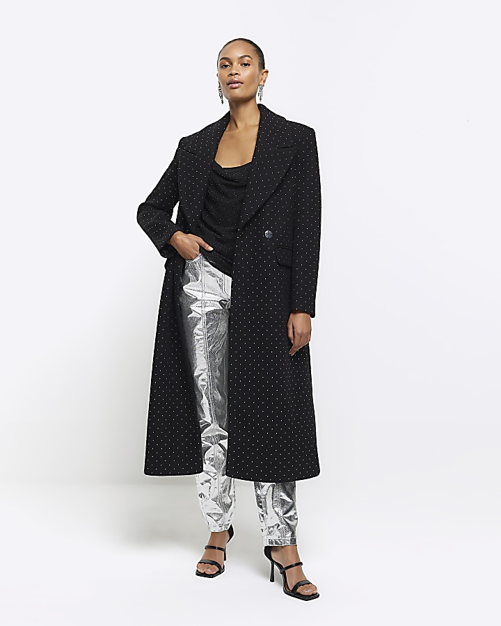 Black Embellished Longline Coat River Island