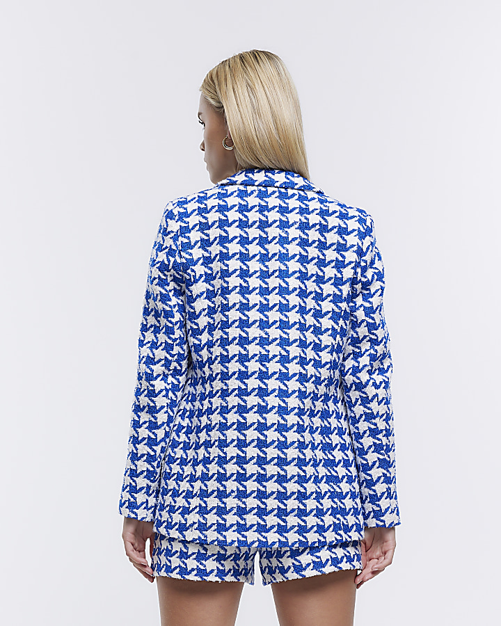 Petite blue boucle dogtooth blazer River Island