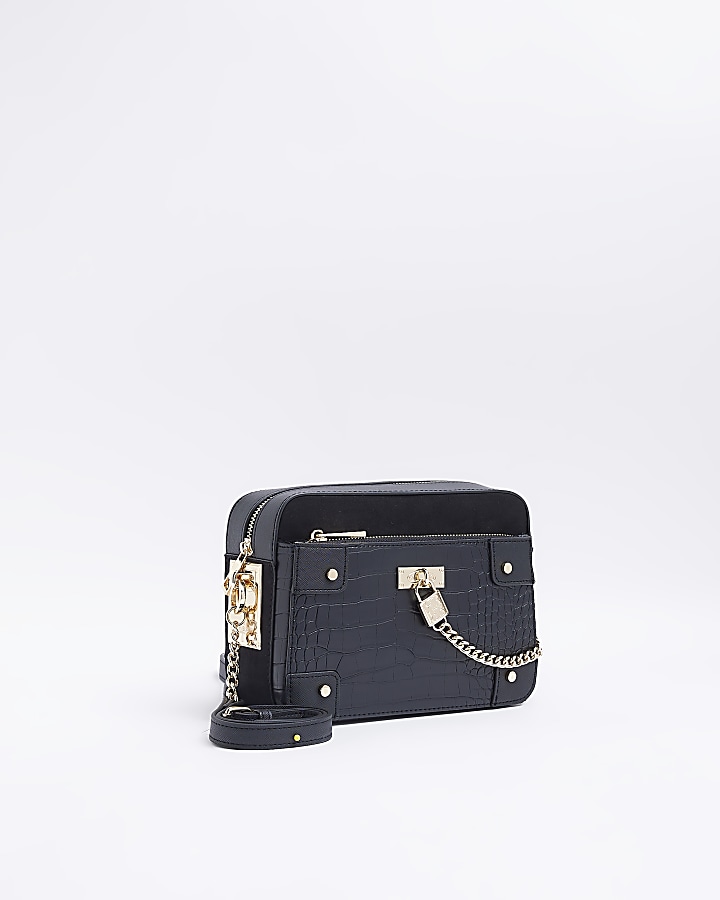 Black croc cross body bag River Island