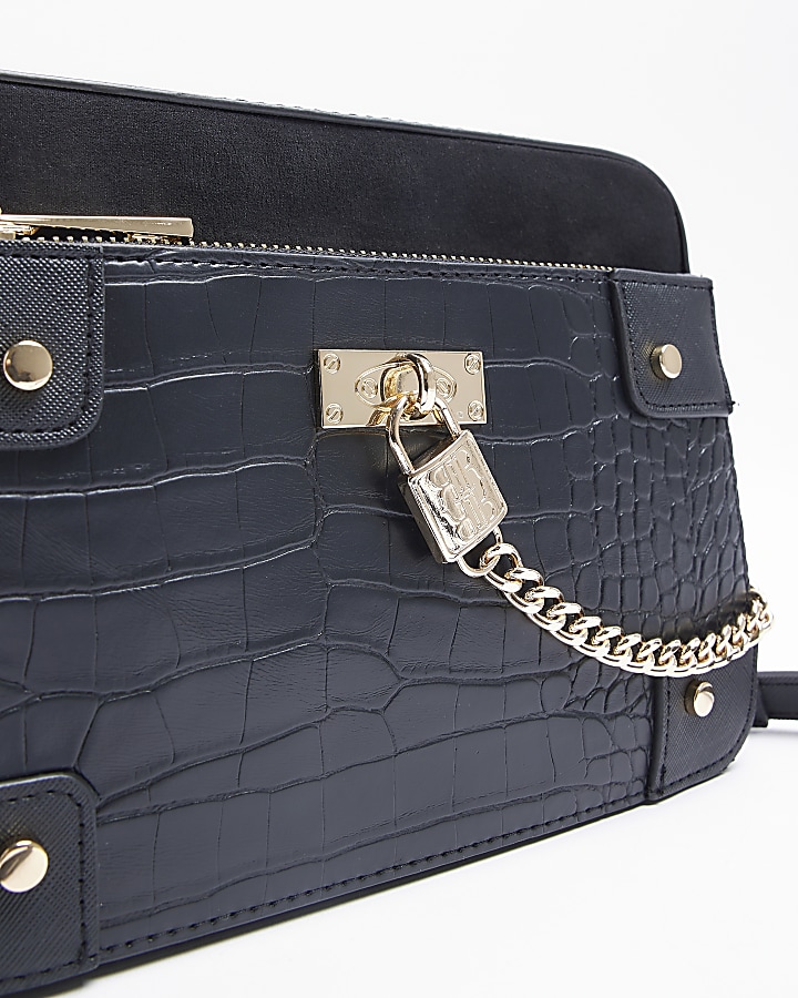 Black croc cross body bag River Island