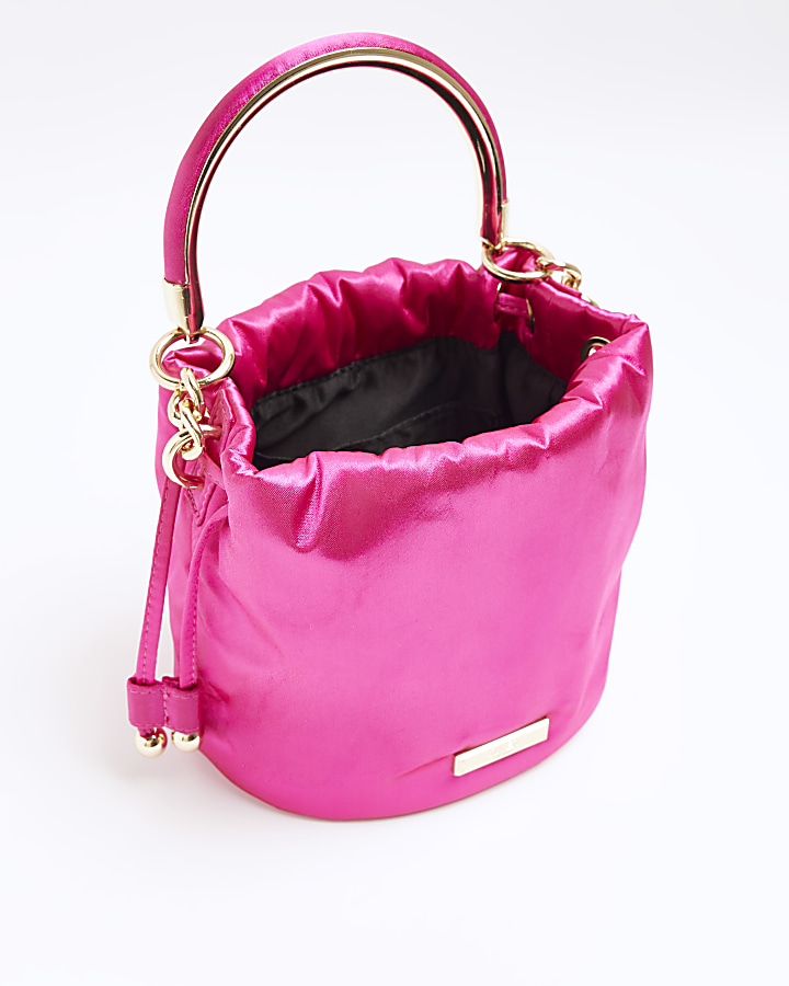 Pink drawstring satin bucket bag River Island