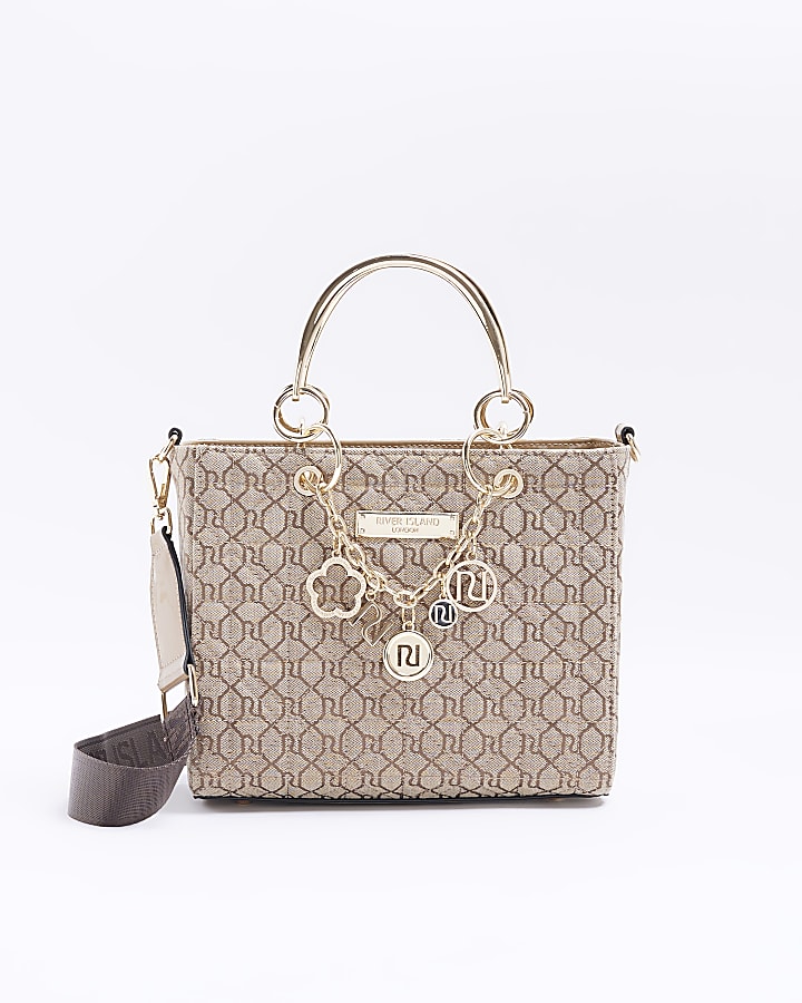 Beige jacquard RI monogram tote bag River Island