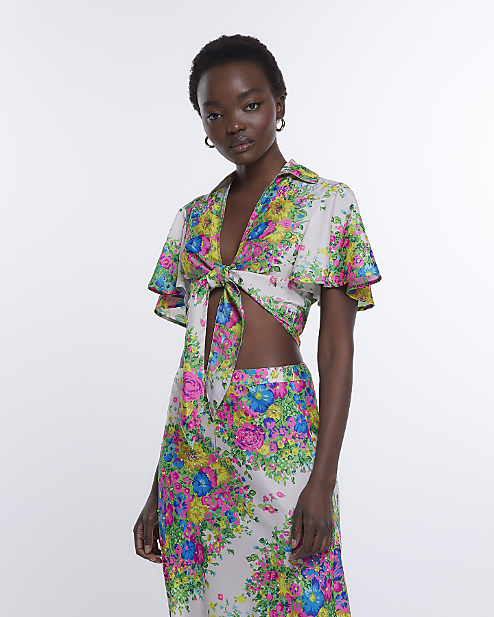 Yellow Floral Embellished Crop Top River Island