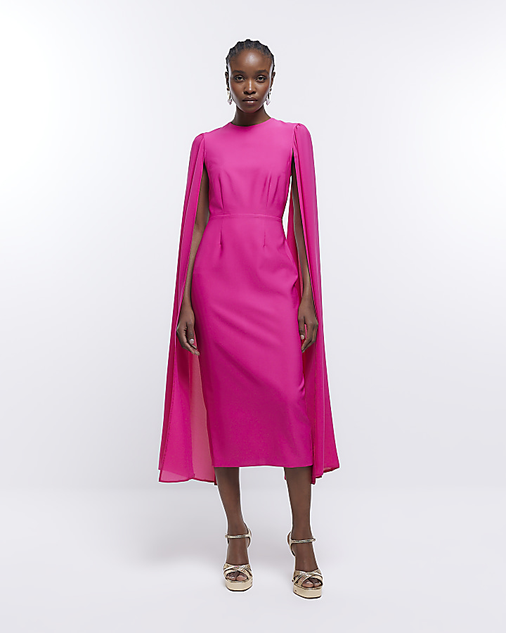 Pink chiffon cape sleeve midi dress River Island