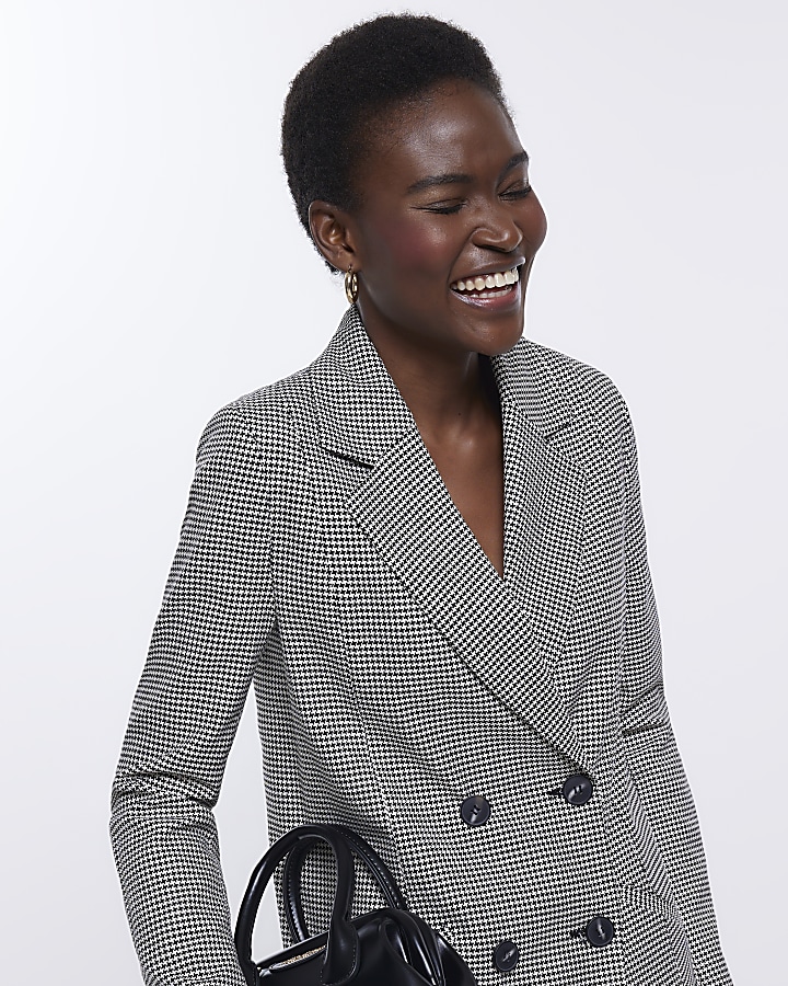 Black dogtooth double breasted blazer River Island