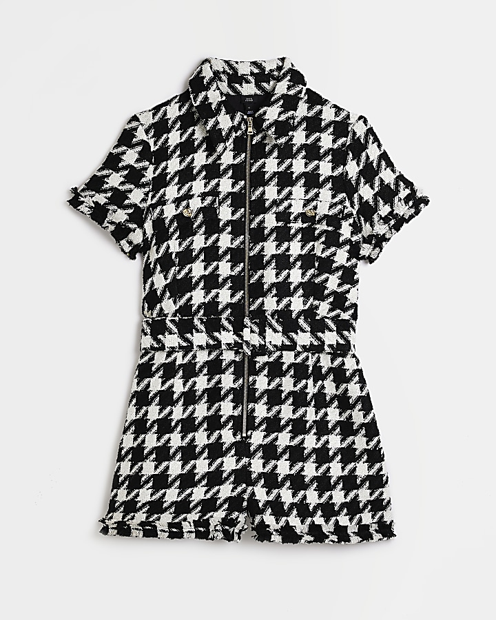 Black dogtooth boucle belted playsuit River Island
