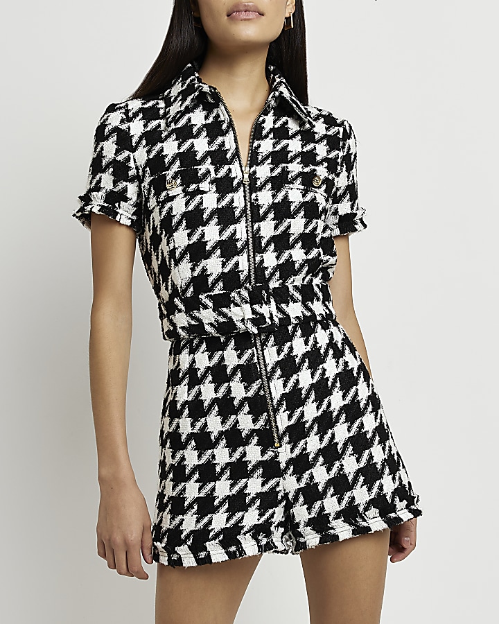 Black dogtooth boucle belted playsuit River Island