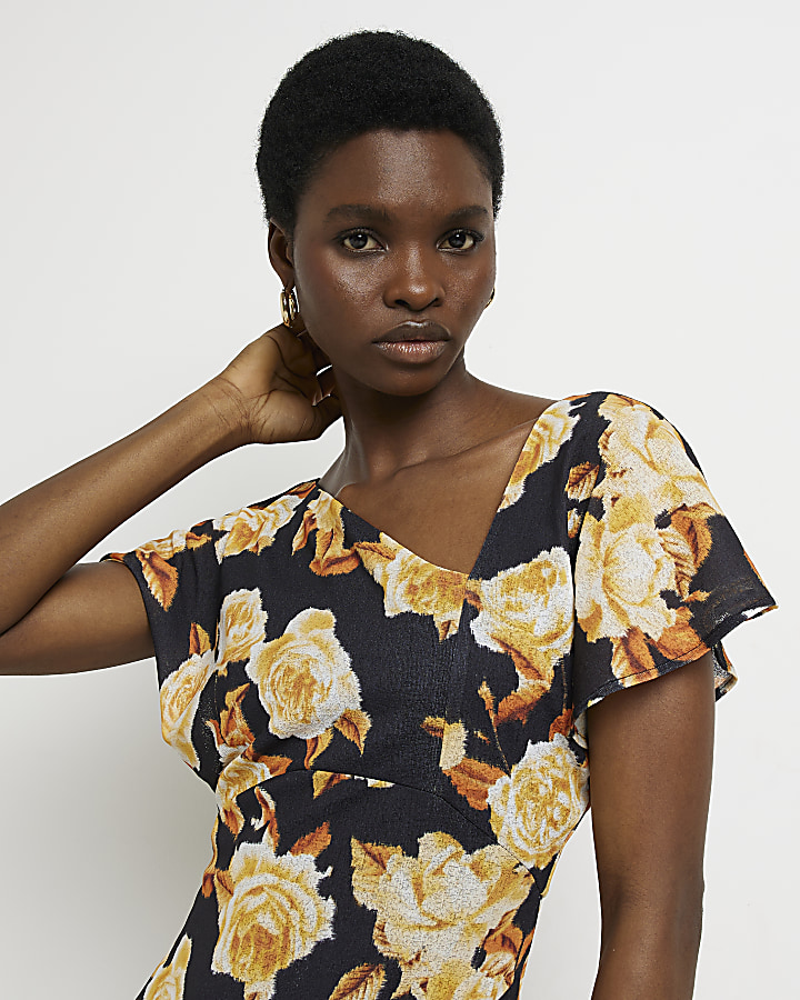 Orange floral frill shift midi dress River Island