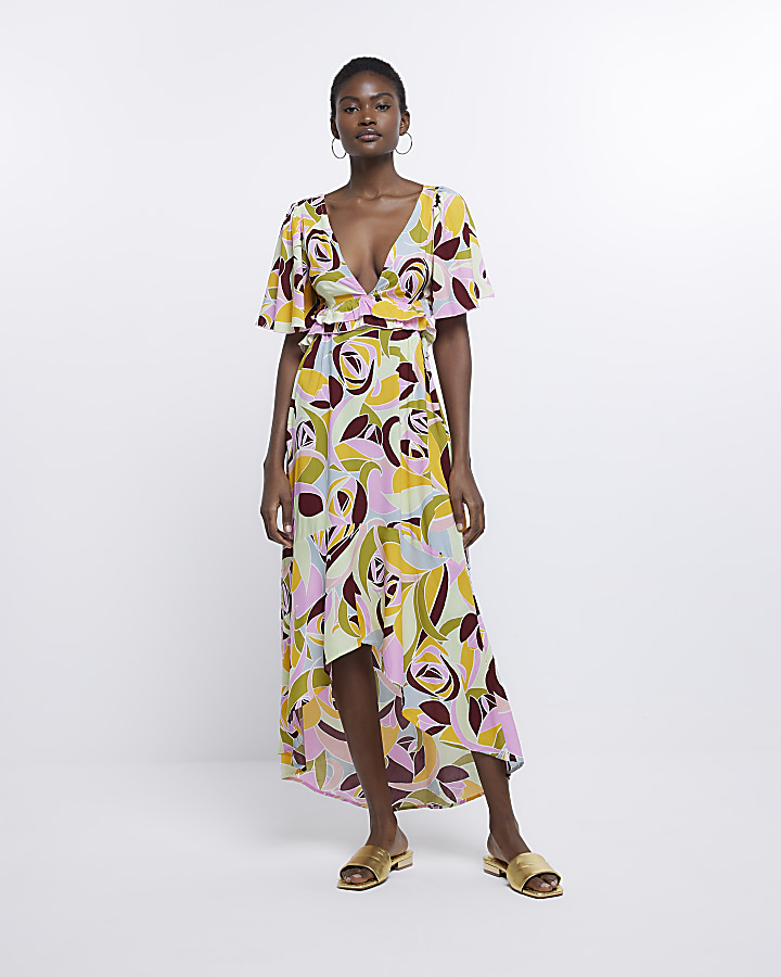 Pink print frill beach maxi dress River Island