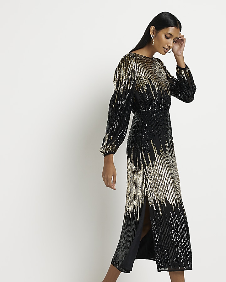Black sequin long sleeve smock maxi dress River Island