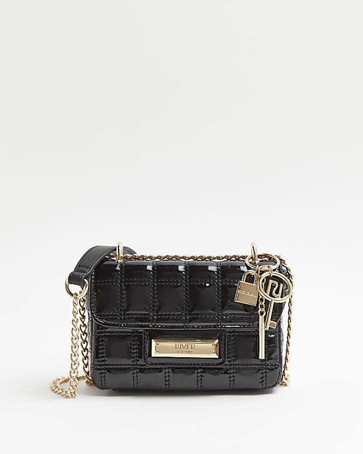 Black patent quilted mini shoulder bag River Island