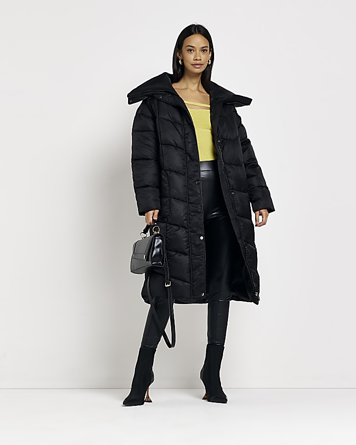 Black padded longline coat River Island