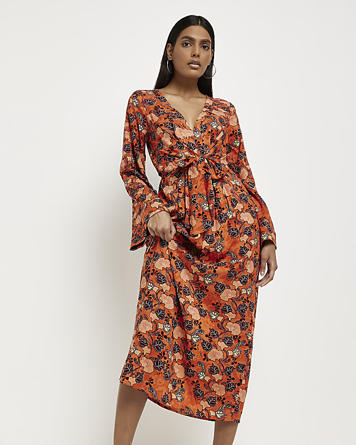 Orange long sleeve floral midi dress River Island