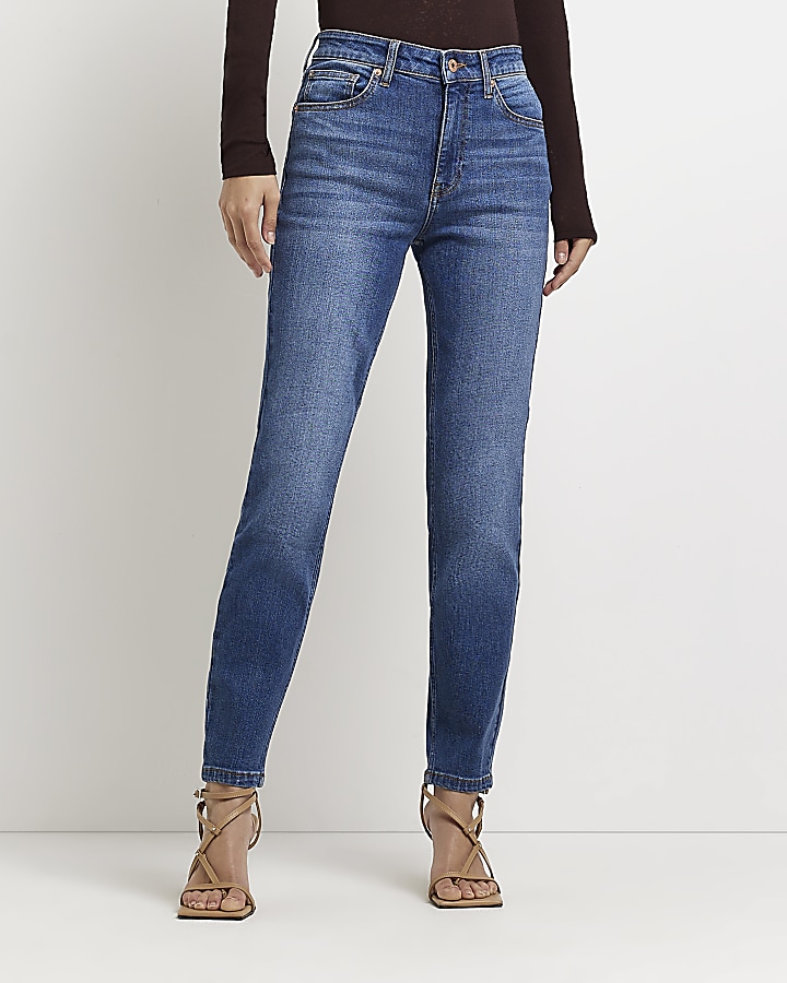 Blue mid rise straight leg mom jeans River Island