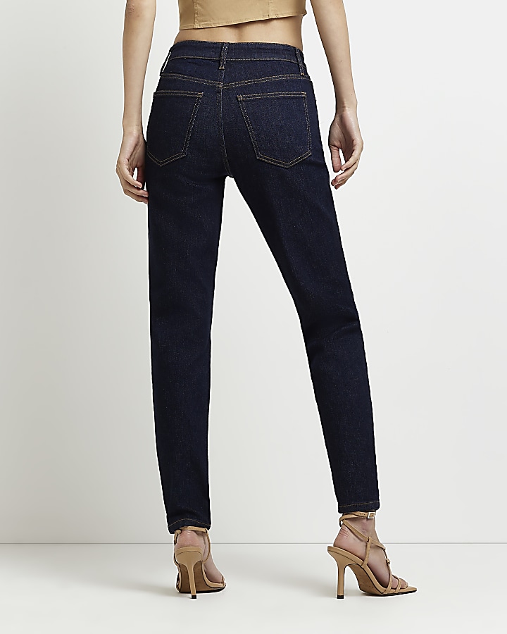Navy mid rise stretch slim fit mom jeans River Island