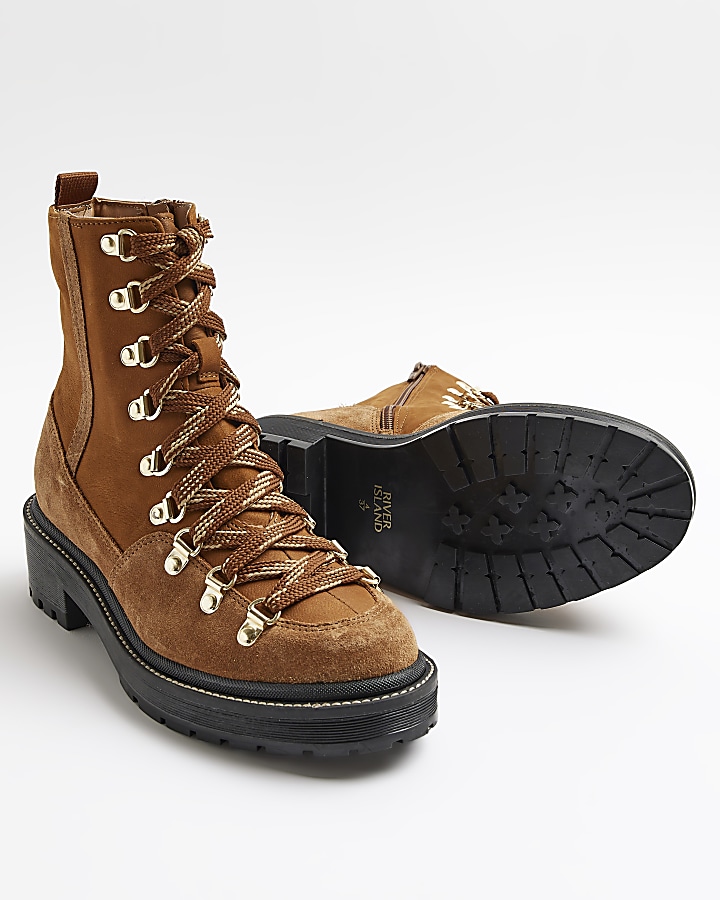 Brown suede lace up hiker boots River Island
