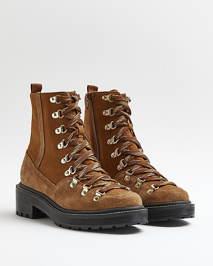 Brown suede lace up hiker boots River Island